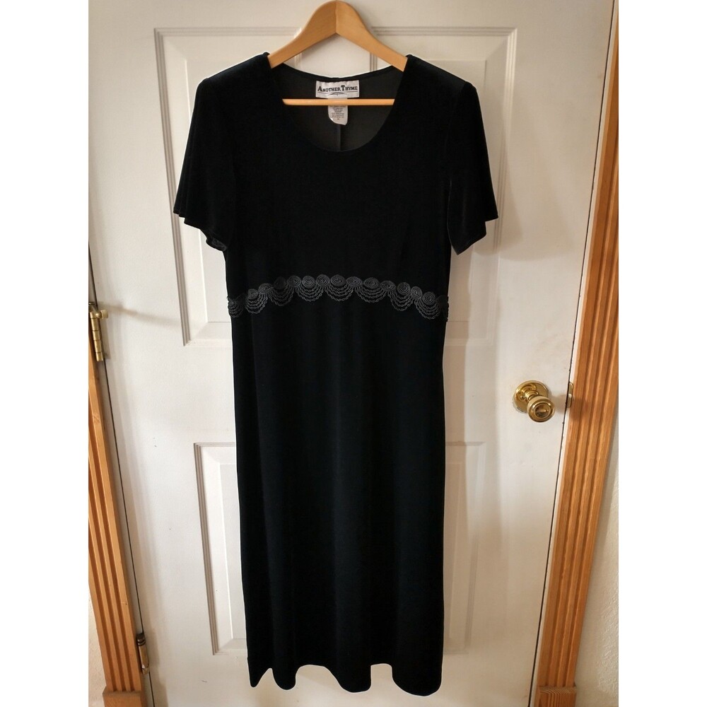 VTGAnother Thyme Women's Black A-Line Midi Dress Short Sleeve Lace Waist Size 14